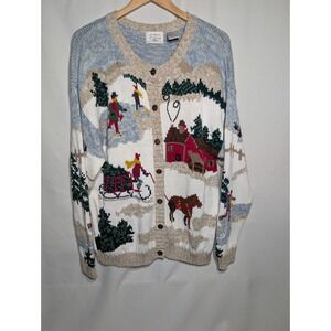 Northern Reflections Nordic Ski Scene Knit Cardigan Winter Cottage Sweater SZ XL